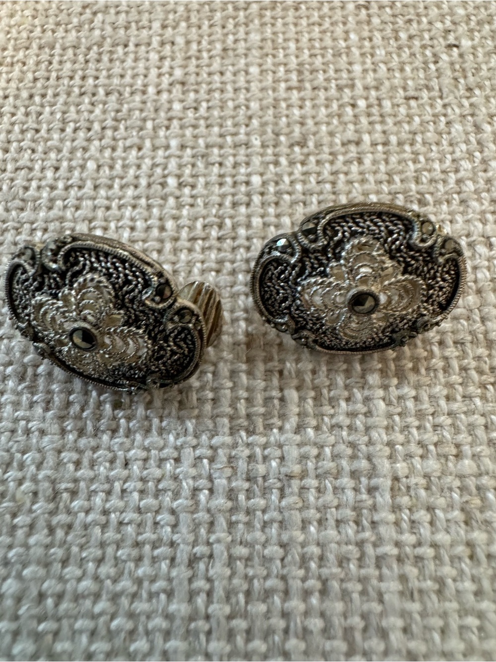 Marcasite Sterling Silver Oval Flower Vintage Clip On Earrings